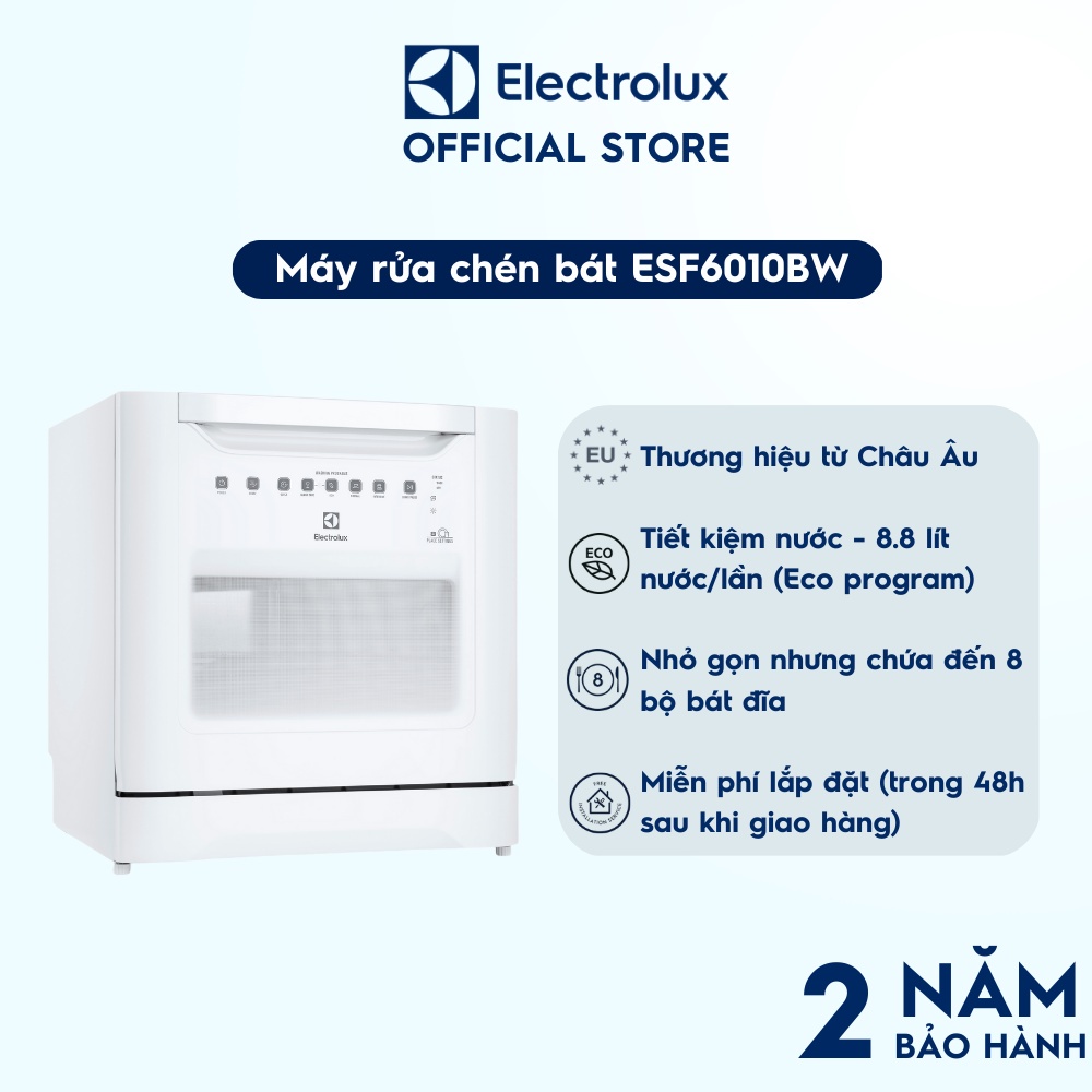 Tặng bàn ủi hơi nước + Miễn phí giao lắp toàn quốc - Máy rửa chén bát 8 bộ Electrolux ESF6010BW