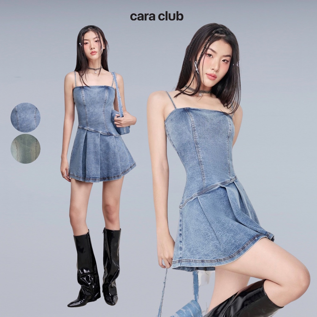 CARA Đầm ngắn nữ Donna dáng hai dây chiết eo chất vải jean trendy