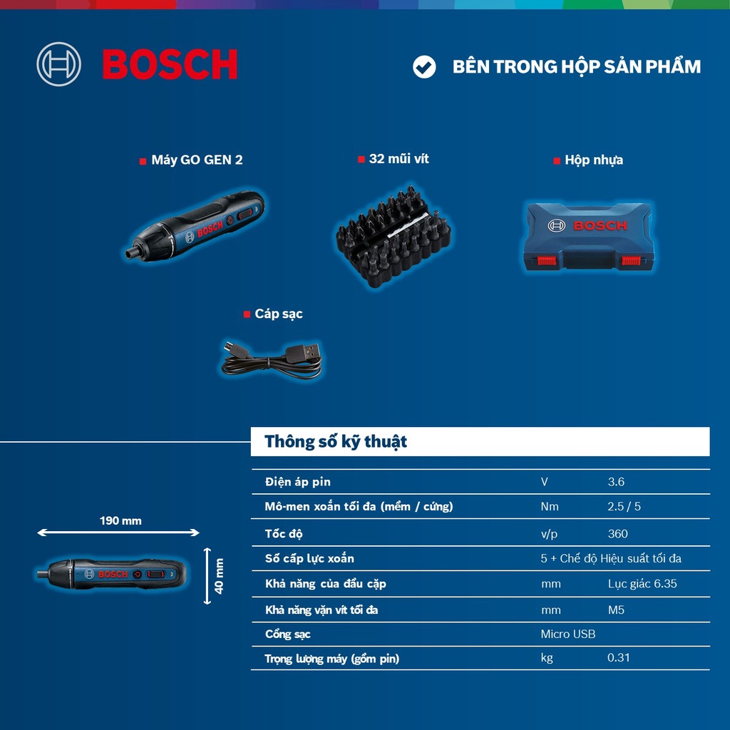 Máy vặn vít dùng pin Bosch GO GEN 2 (32 mũi vít)