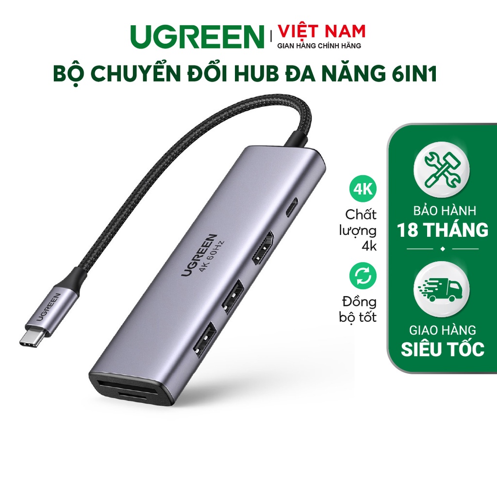 Bộ chuyển đổi Type C UGREEN 60384 Chuyển sang HDMI + USB 3.0*2 + SD/TF + PD Hàng phân phối chính hãng