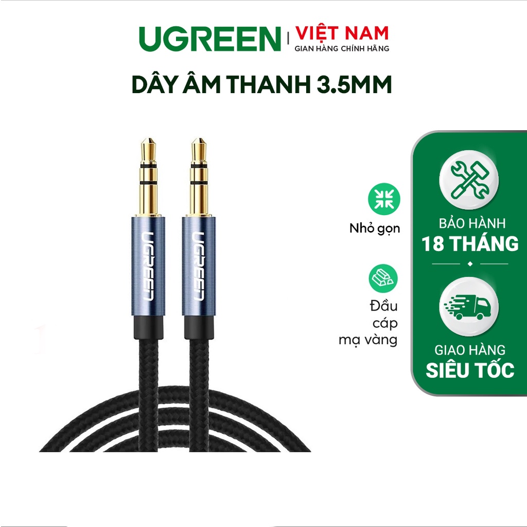 Dây âm thanh 3.5mm UGREEN AV112 | Màu Xanh, Vỏ bện vải sợi tổng hợp | Đầu nối mạ vàng 24K | Bảo Hành 18 Tháng 1 Đổi 1.