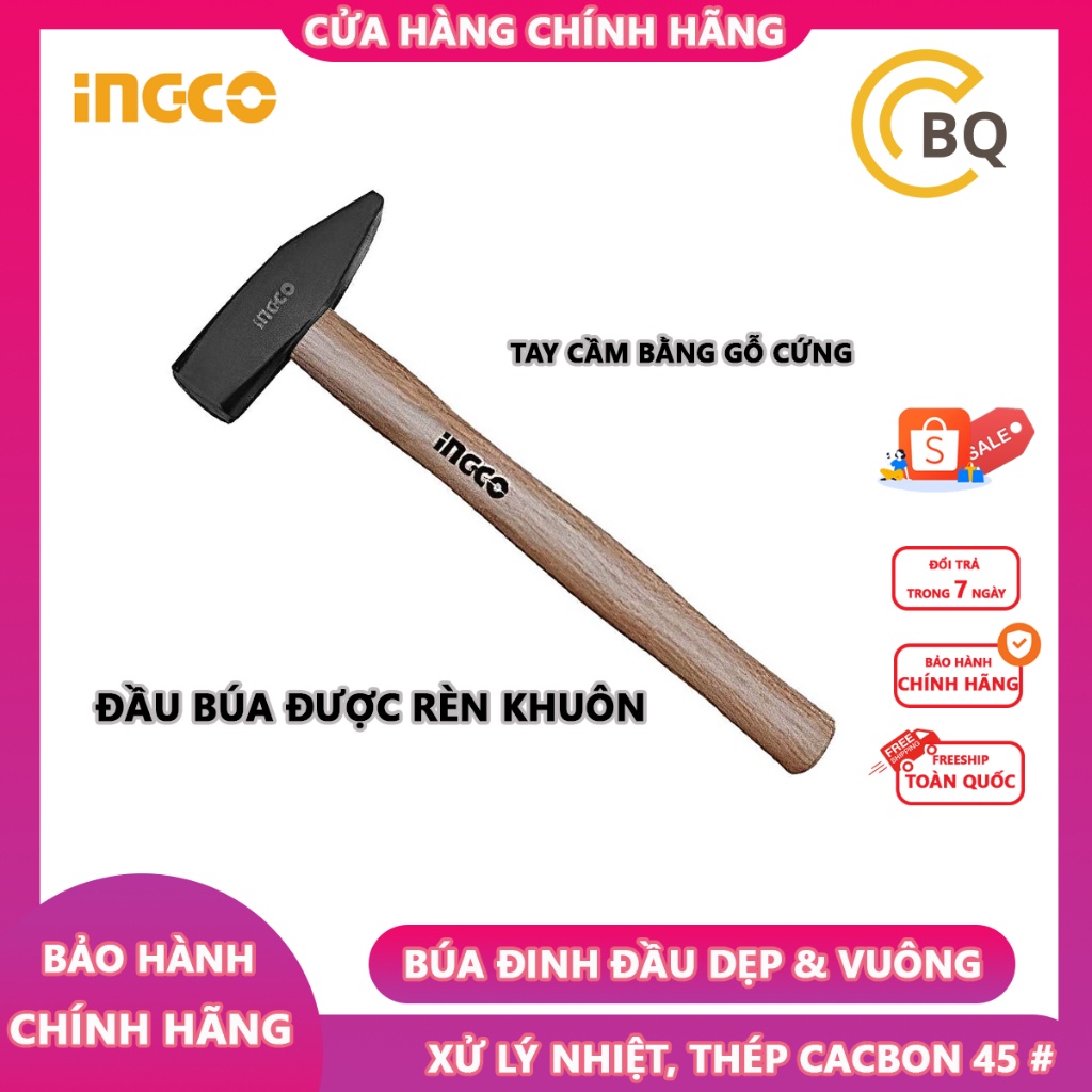 Búa đinh đầu dẹp và vuông cán gỗ Ingco HMH040300 xử lý nhiệt, thép cacbon 45#, búa đóng đinh ingco