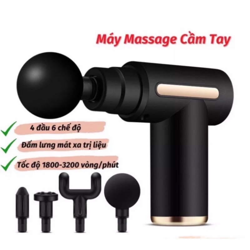 Máy massage cầm tay mini - Súng massage đấm lưng mát xa trị liệu cổ vai gáy 4 đầu 6 chế độ, Máy massage cầm tay