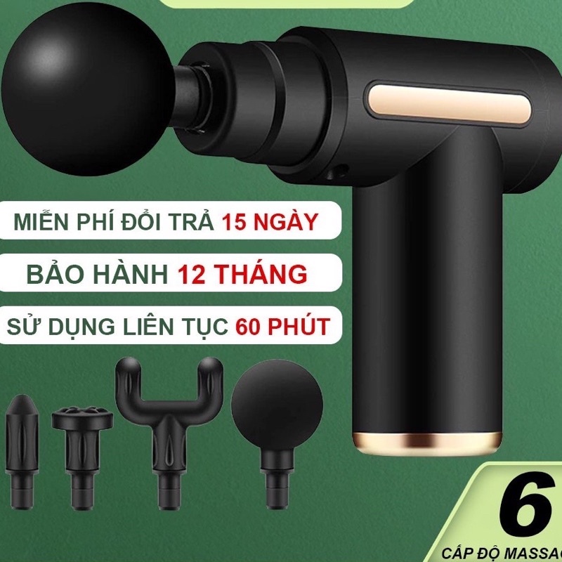 Máy massage cầm tay mini - Súng massage đấm lưng mát xa trị liệu cổ vai gáy 4 đầu 6 chế độ, Máy massage cầm tay