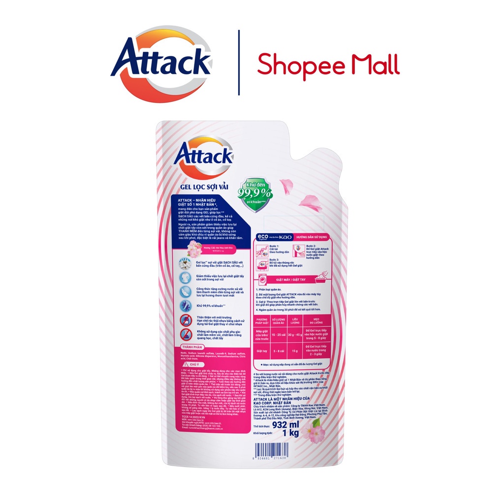 Gel Giặt Attack Hương Giấc Mơ Hoa Anh Đào Túi 1Kg
