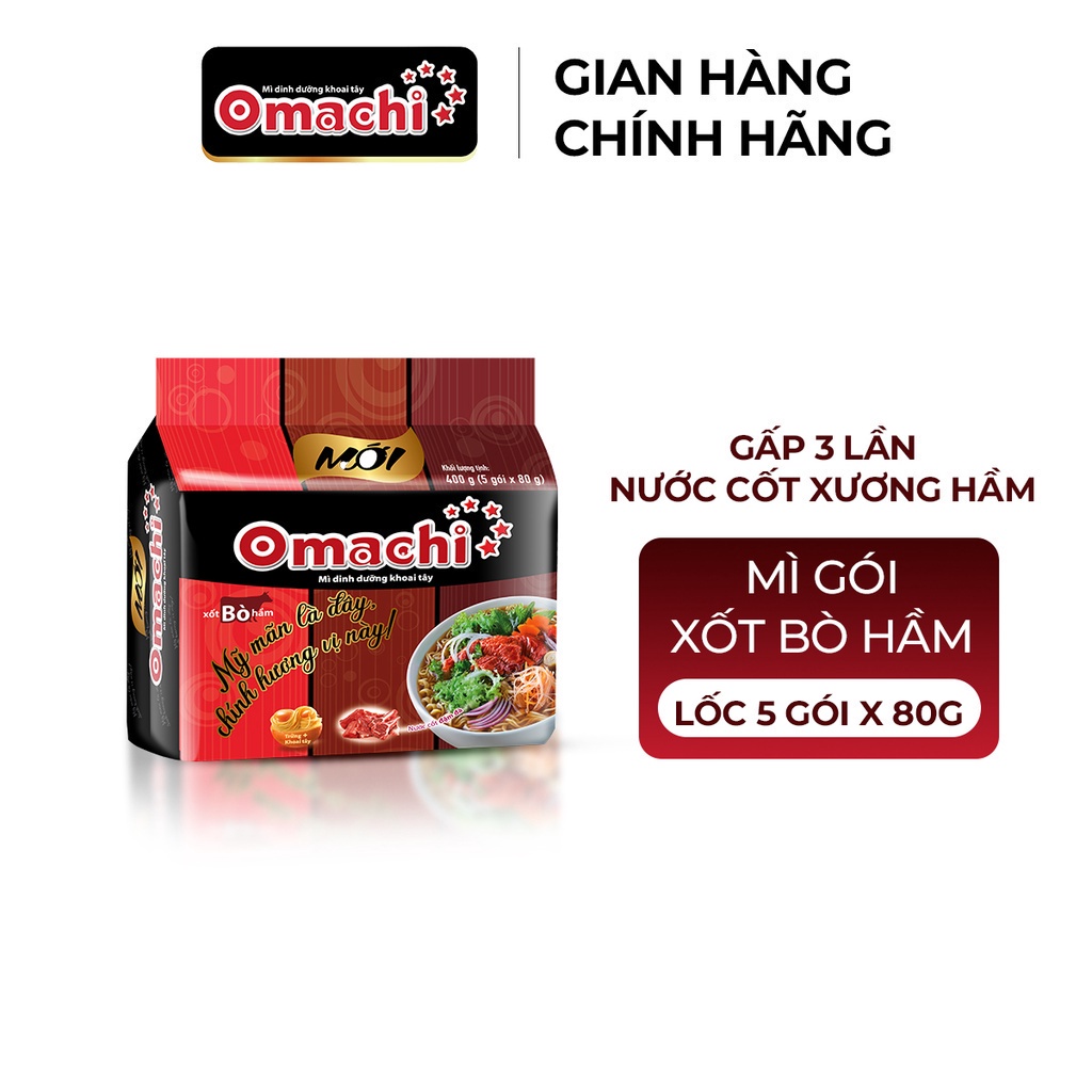 Mì Omachi Xốt Bò Hầm Gói 80g - Lốc 5 Gói x 80g