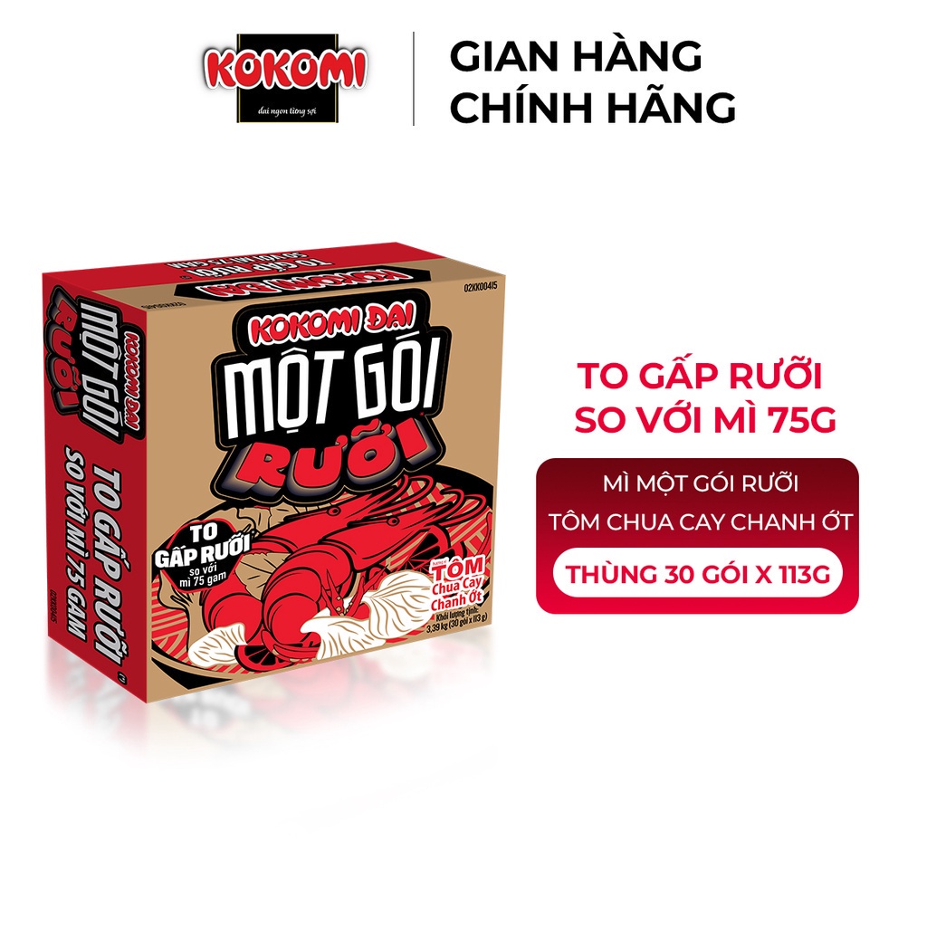 Mì Kokomi Đại Một Gói Rưỡi Tôm Chua Cay Chanh Ớt - Thùng 30 Gói x 113g