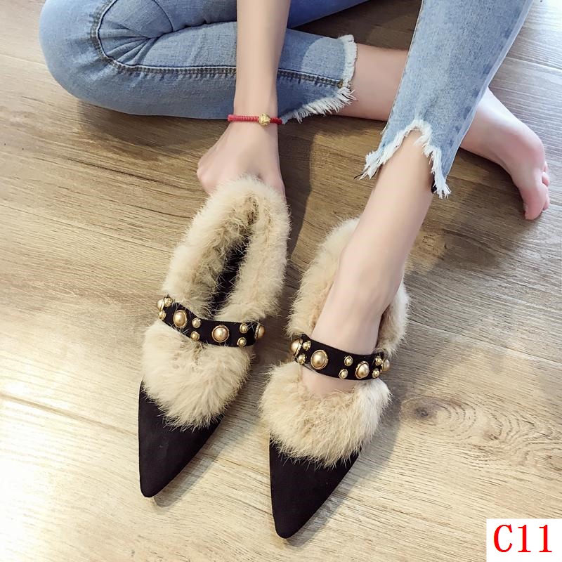 Giày Cao Gót Mũi Nhọn Gót Dày Phối Lông Nhung Thời Trang Thu Đông Hàng Mới 2023 Dành Cho Bạn Nữ