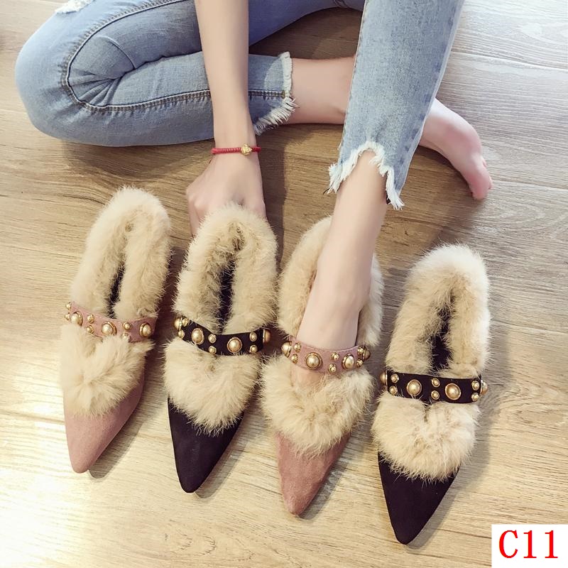 Giày Cao Gót Mũi Nhọn Gót Dày Phối Lông Nhung Thời Trang Thu Đông Hàng Mới 2023 Dành Cho Bạn Nữ