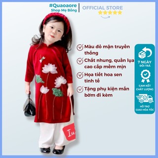 Áo dài nhung cho bé mặc tết kèm quần lụa vấn đội truyền thống cách tân thêu hoa sen thiết kế vải mềm đẹp có size to đại