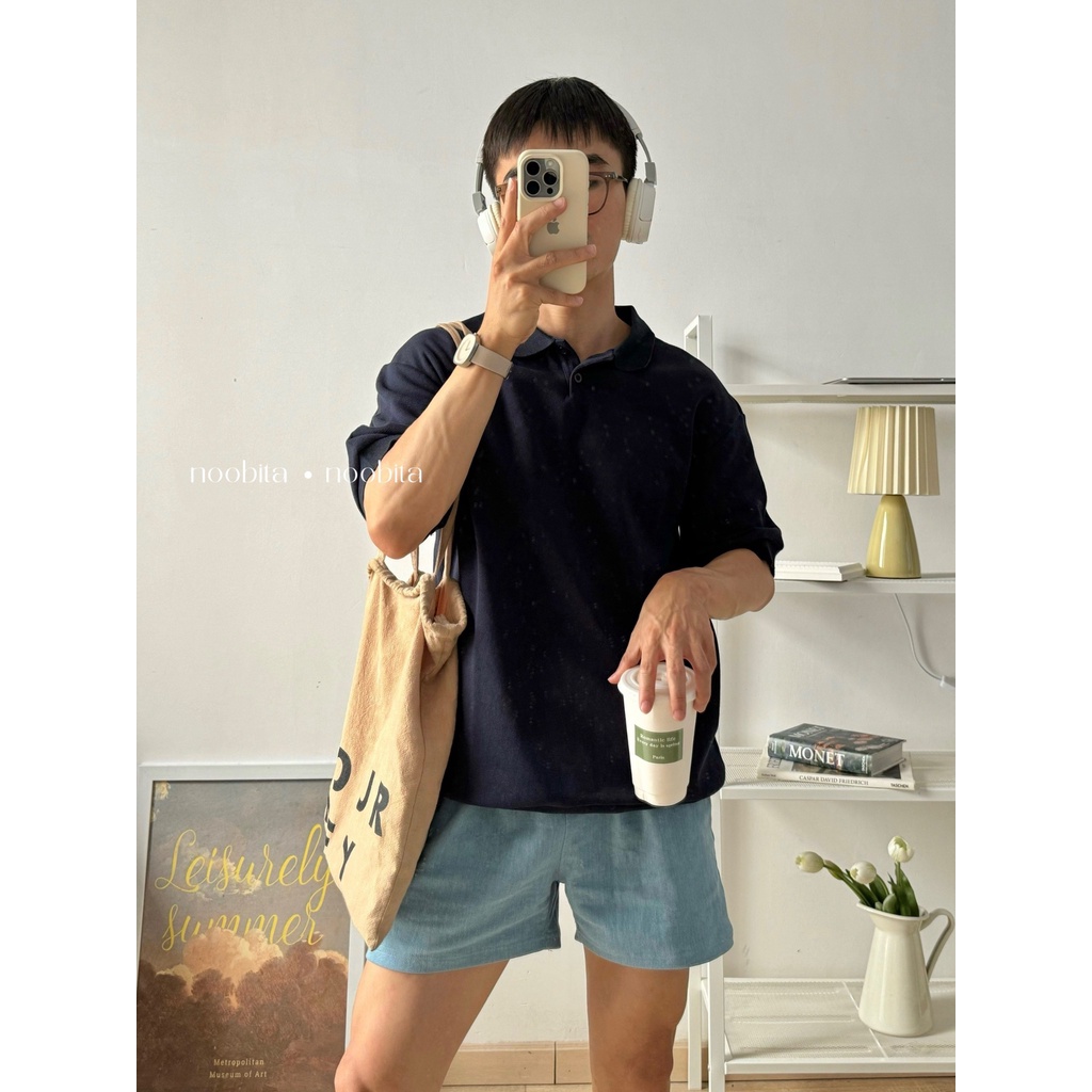 NOOBITA - Áo thun polo trơn form rộng 8047