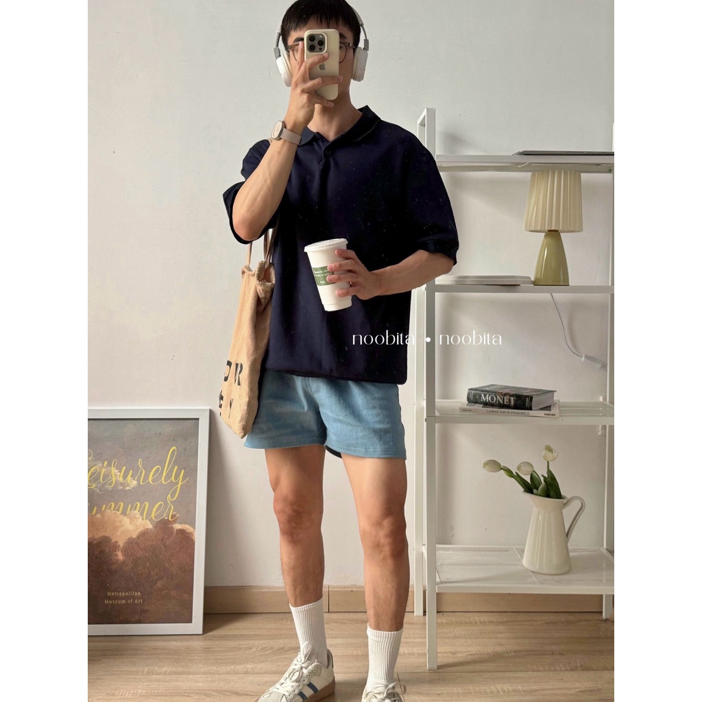 NOOBITA - Áo thun polo trơn form rộng 8047
