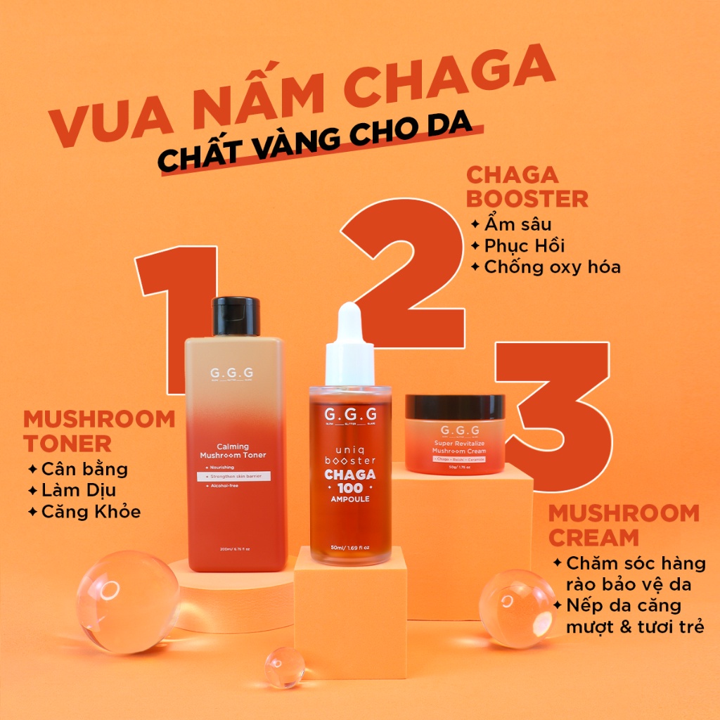 Combo Dưỡng Ẩm Phục Hồi Da Khỏe GGG Calming Mushroom Toner 200ml & Chaga Amploue 50ml