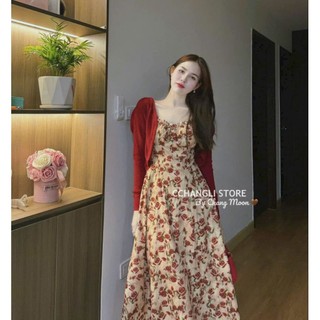 Đầm thời trang nữ đi chơi chất voan hoa có mút ngực 2 dây váy xòe maxi kèm áo khoác tay dài màu đỏ