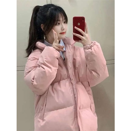 Áo bông cổ đứng áo bông mùa đông dày dặn fufu sữa rộng rãi sành điệu instagram màu trơn cho nữ áo bông học sinh mẫu mới 2023