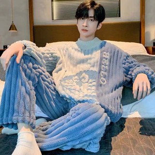   Thời Trang  Bộ Đồ Ngủ Dài Bằng Nỉ San Hô Lông Cừu Dày Dặn Ấm Áp Mùa Thu Đông Dành Cho Nam 