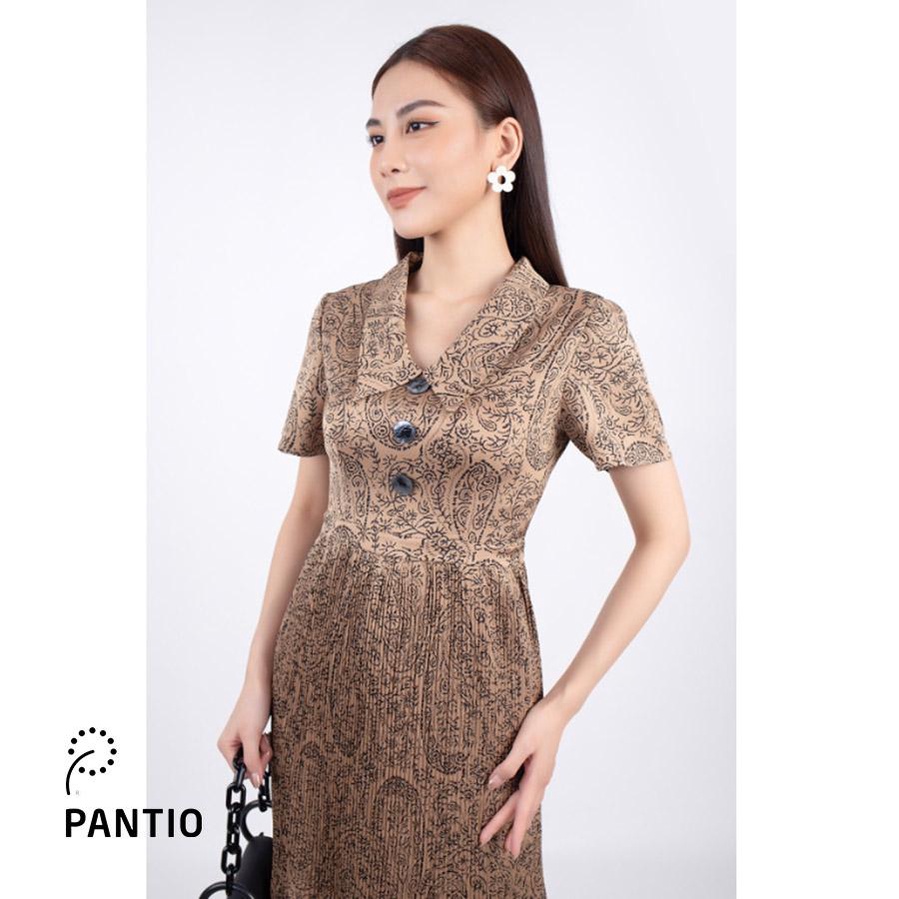 FDC33367 - Đầm công sở vải lụa dáng xòe cổ đức đính khuy trang trí chân váy rập ly - PANTIO