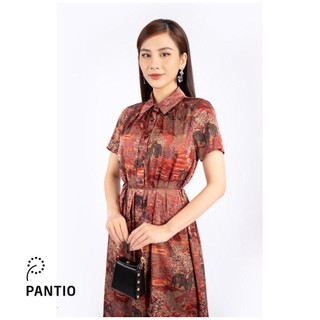 FDC73514 - Đầm công sở vải lụa dáng suông cổ đức hai vạt kèm dây buộc eo tạo kiểu - PANTIO