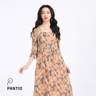 [Chính hãng] FDP52443 - Đầm dạo phố vải lụa cổ thuyền chun bo eo - PANTIO