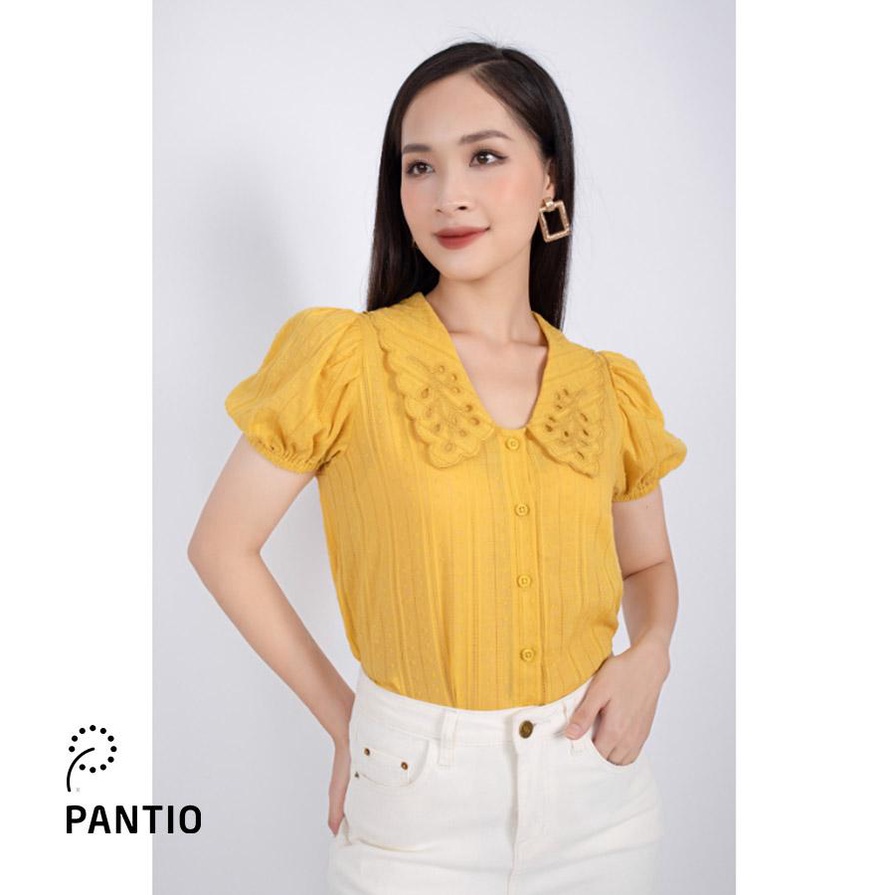 FAS33262 - Áo sơ mi công sở vải thô dáng suông cổ sen thêu tay bồng bo chun - PANTIO