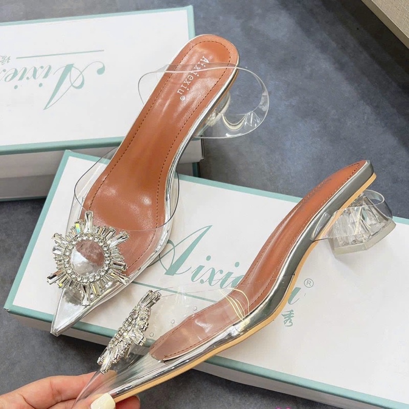 Guốc trong suốt nơ đá gót 3cm cao cấp