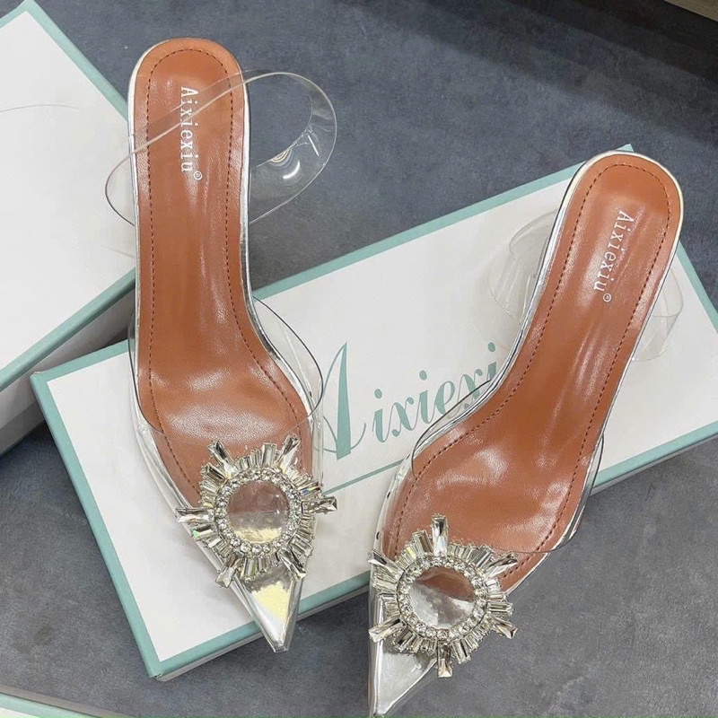 Guốc trong suốt nơ đá gót 3cm cao cấp