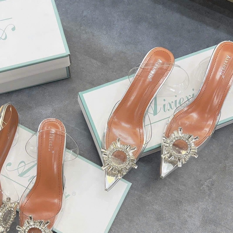 Guốc trong suốt nơ đá gót 3cm cao cấp