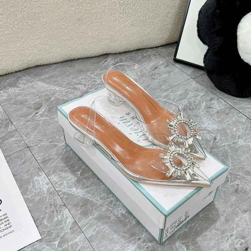 Guốc trong suốt nơ đá gót 3cm cao cấp