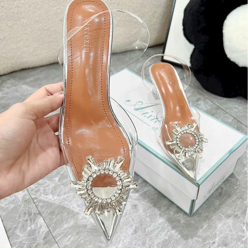 Guốc trong suốt nơ đá gót 3cm cao cấp