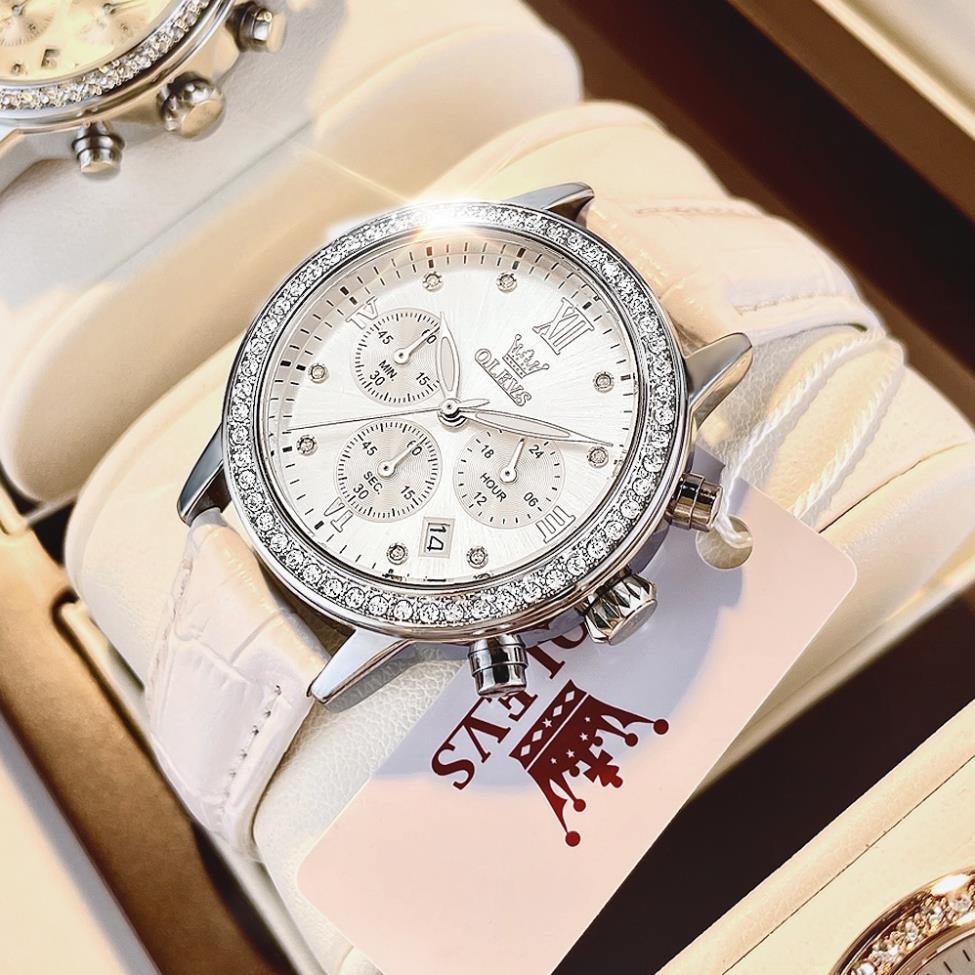 OLEVS 9933  Đồng hồ nữ dây da chính hãng đa chức năng lịch ngày ba mắt sáu kim chronograph dạ quang chống thấm nước