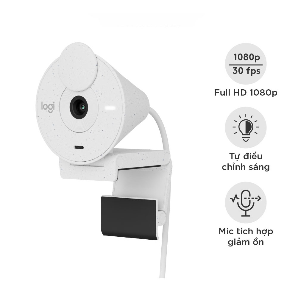 Webcam Full HD Logitech Brio 300 - Màn che ống kính, Micrô giảm tiếng ồn, USB-C, tự động chỉnh ánh sáng - chính hãng