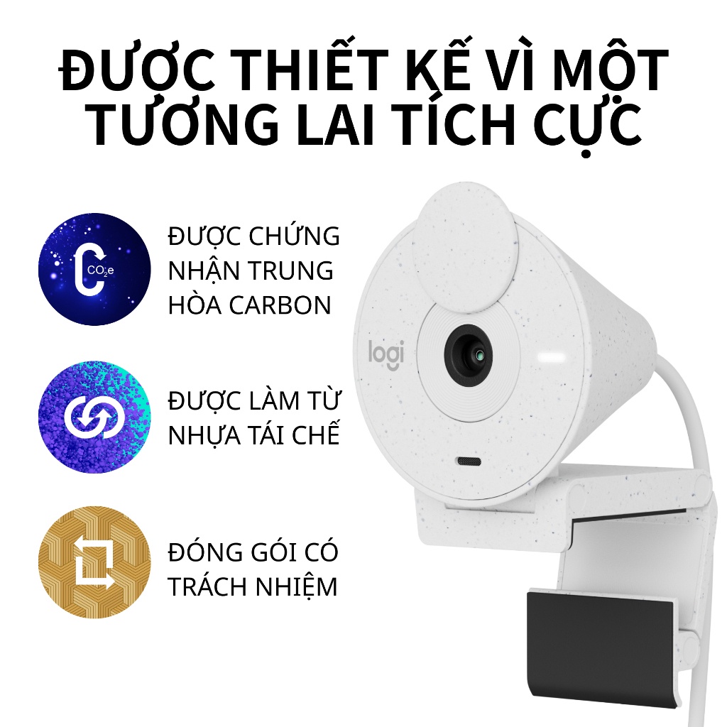 Webcam Full HD Logitech Brio 300 - Màn che ống kính, Micrô giảm tiếng ồn, USB-C, tự động chỉnh ánh sáng - chính hãng