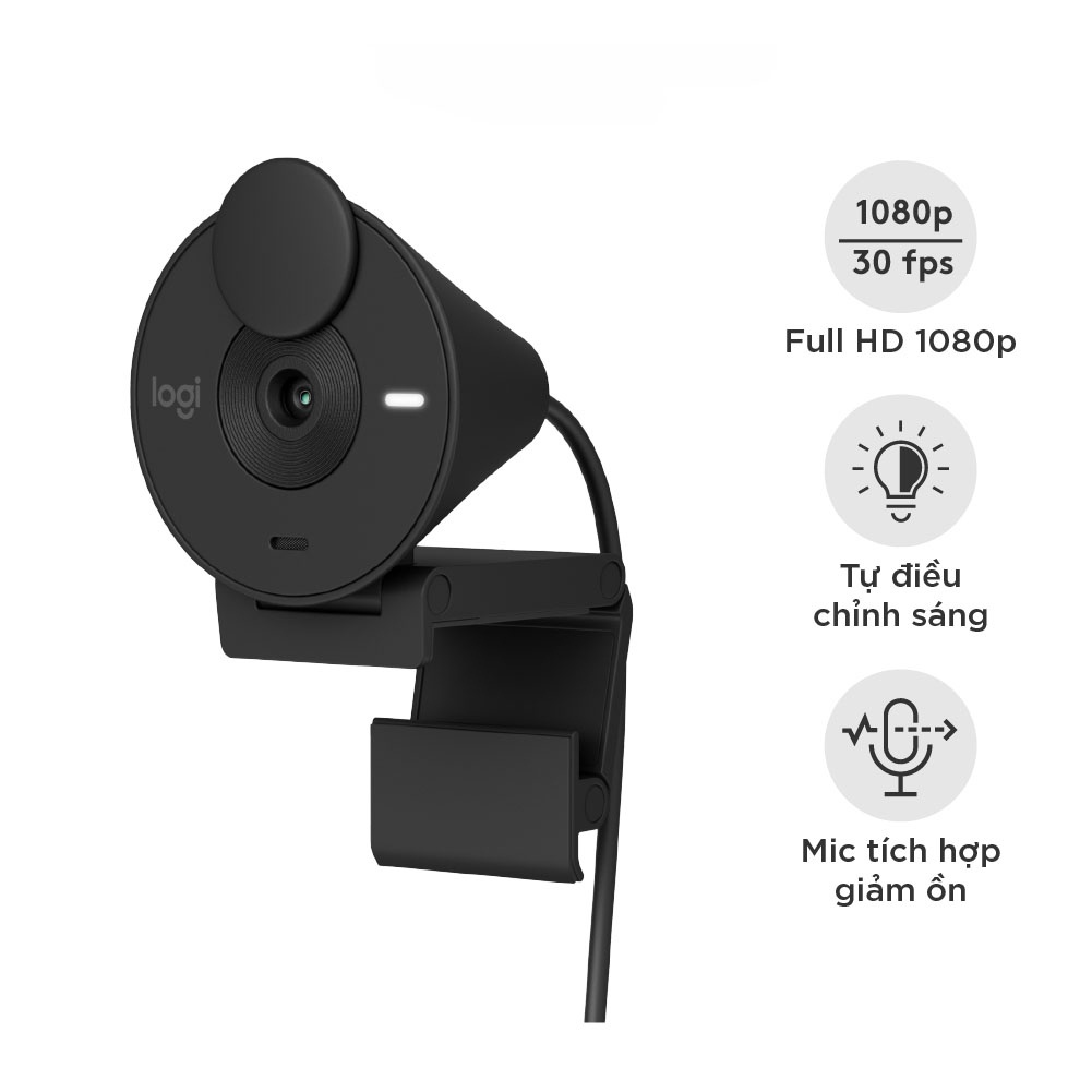 Webcam Full HD Logitech Brio 300 - Màn che ống kính, Micrô giảm tiếng ồn, USB-C, tự động chỉnh ánh sáng - chính hãng