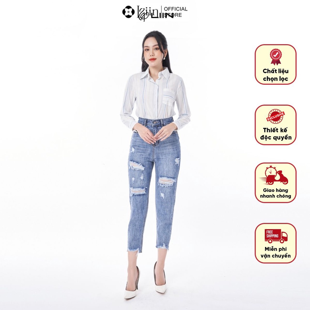 Quần jean linbi phối rách gấu kiểu dáng trẻ trung, năng động mặc thoải mái liin clothing Q3520