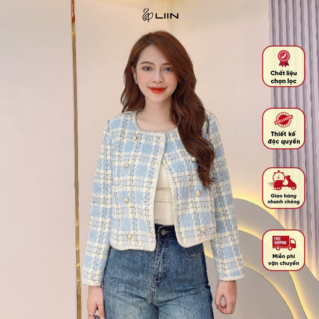 Áo Khoác Dạ Nữ Dáng Ngắn Họa Tiết Kẻ Xanh Cổ Trong Liin Clothing - VED036PRI-F23