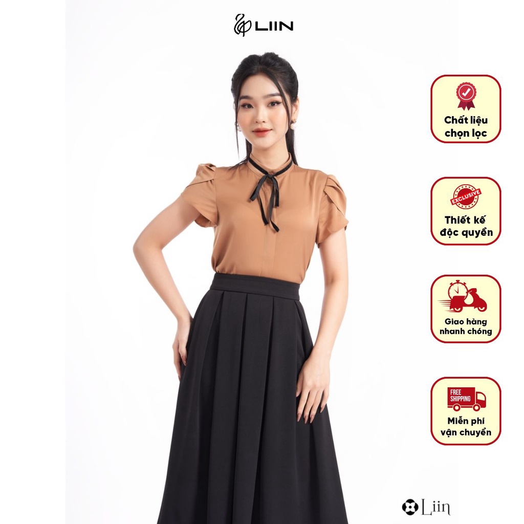 Áo kiểu nữ linbi cộc tay màu nâu mix nơ đen kiểu dáng thời thượng liin clothing SM3578