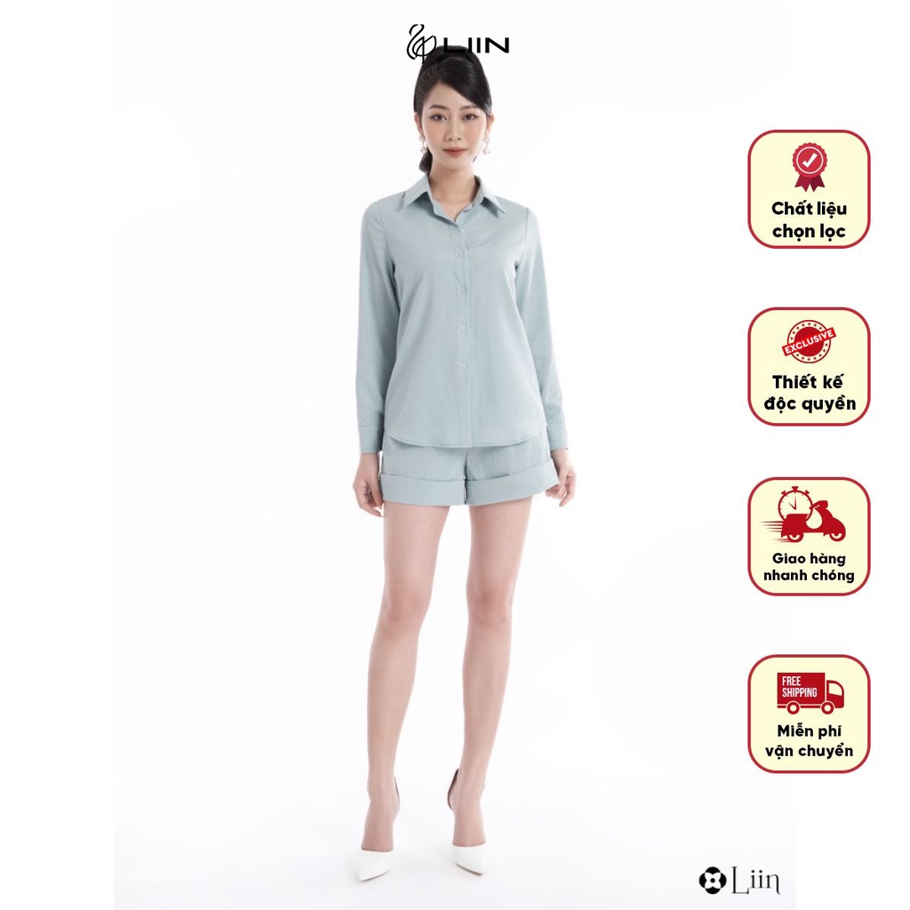 Set đồ bộ linbi chất vải đũi xanh mint kết hợp áo sơ mi và quần short thanh lịch liin clothing SC0361