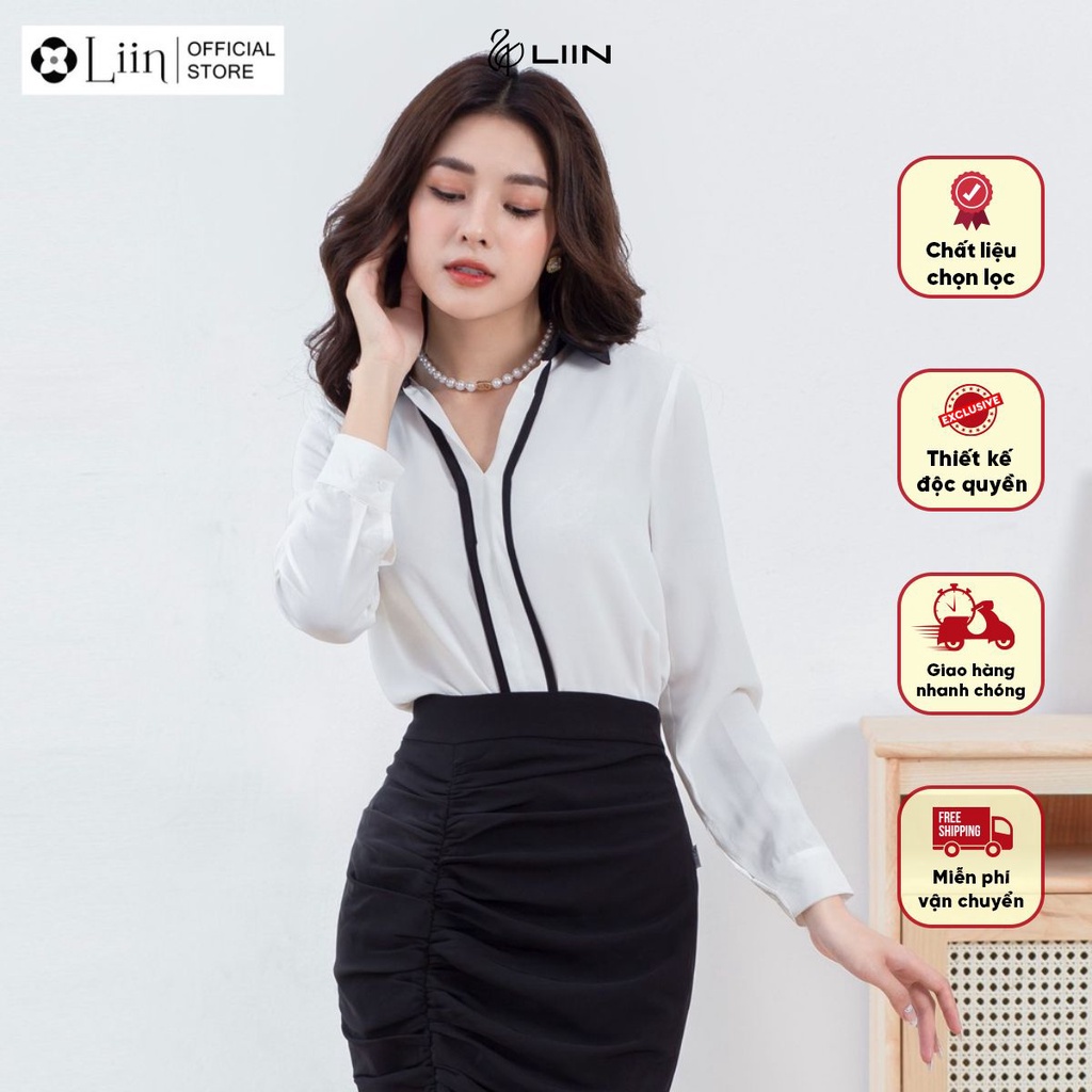 Áo sơ mi trắng nữ Linbi dài tay, thiết kế cổ V xinh xắn Liin clothing SM3173