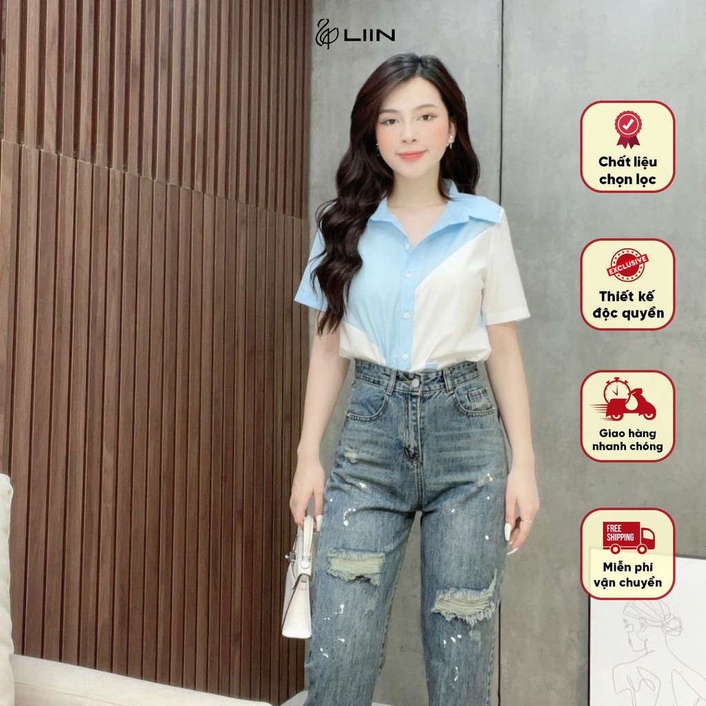 Áo Nữ Cộc Tay Xanh Phối Trắng Liin Clothing - SMC073MIX-S23