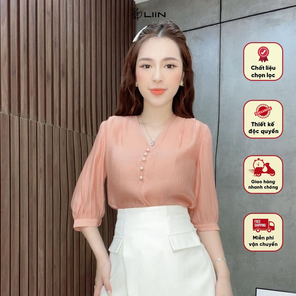 AKL285SOR-S23 - Áo Kiểu Tay Lửng Màu Cam Cổ V Liin Clothing