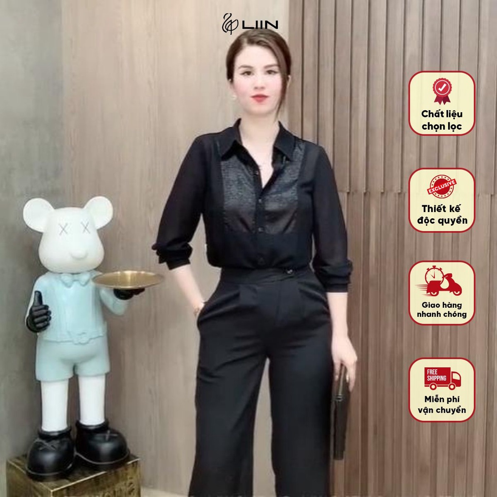 SM4560 - Áo Đen Cổ Lụa Bóng Liin clothing