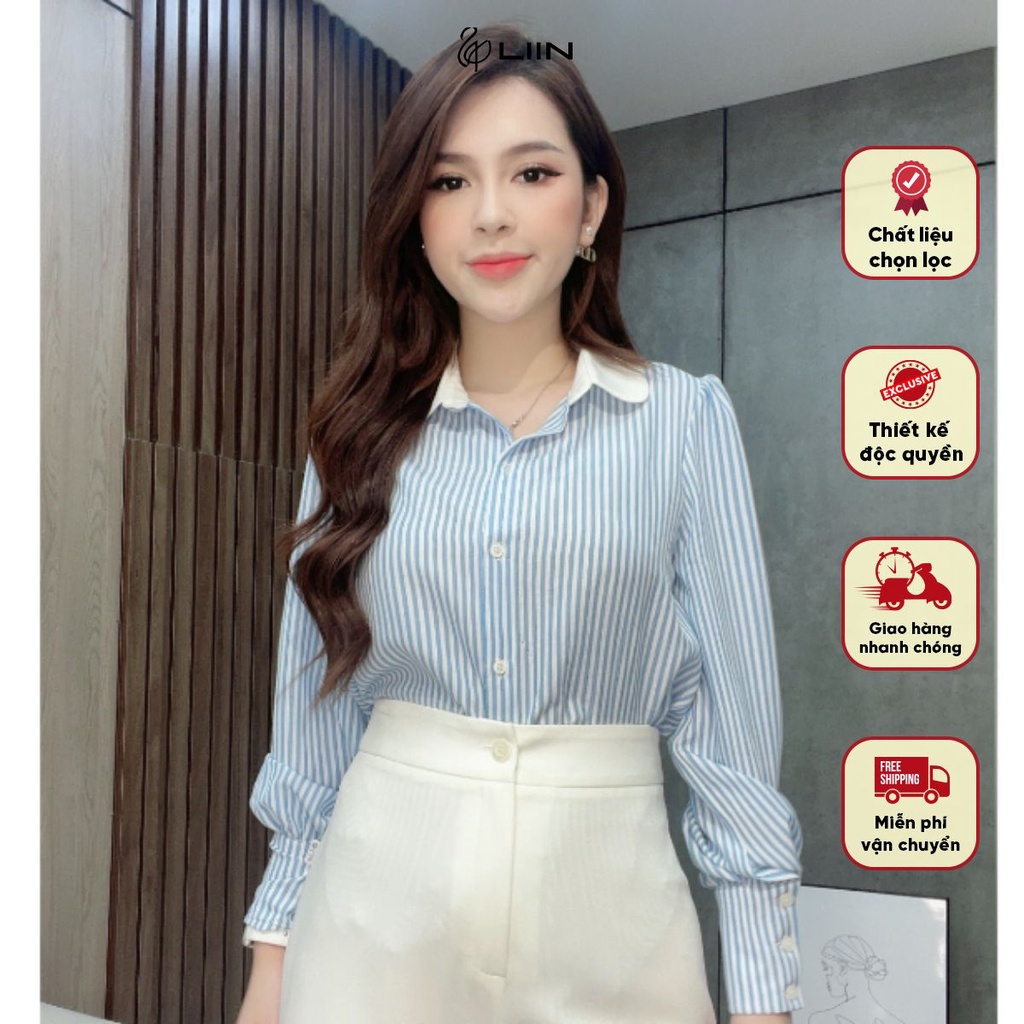 Áo Kẻ Xanh Cổ Sen Liin Clothing - AKD330PRI-S23