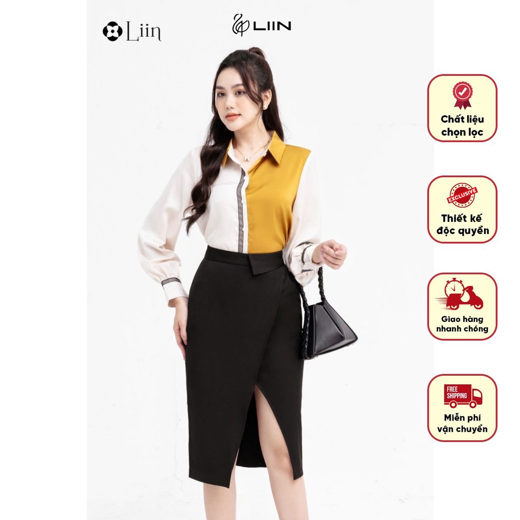 Áo lụa vàng phối nâu thanh lịch trẻ trung công sở Liin Clothing SM4700