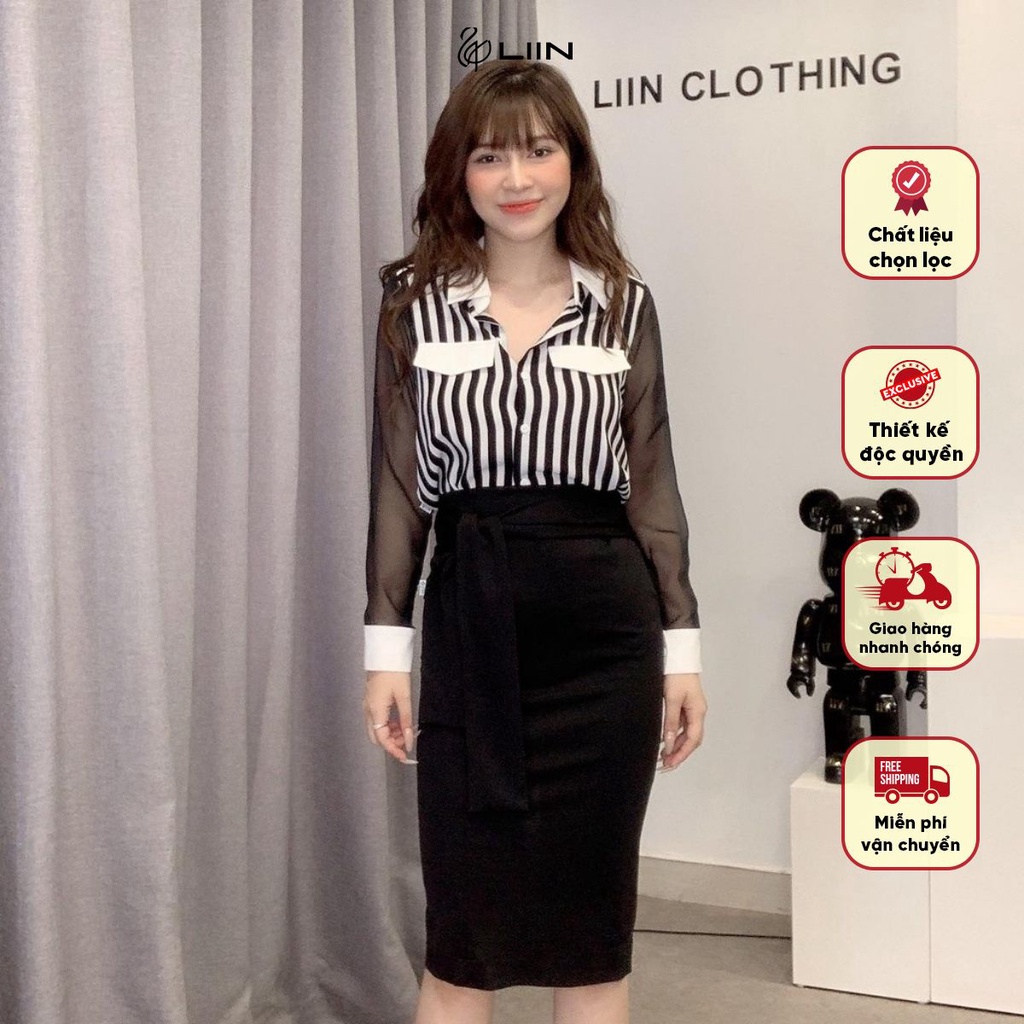 Chân Váy Dài Đen Xẻ Sau kèm Vạt Thắt Nơ Liin Clothing Thời Trang Công Sở Cao Cấp J4255