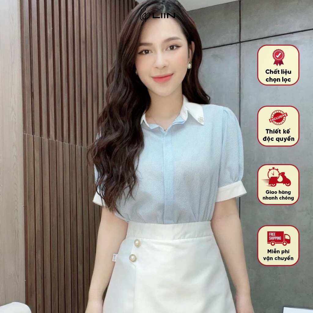 SMC122PRI-S23 - Áo Kẻ Xanh Cổ Đính Hoa Liin Clothing