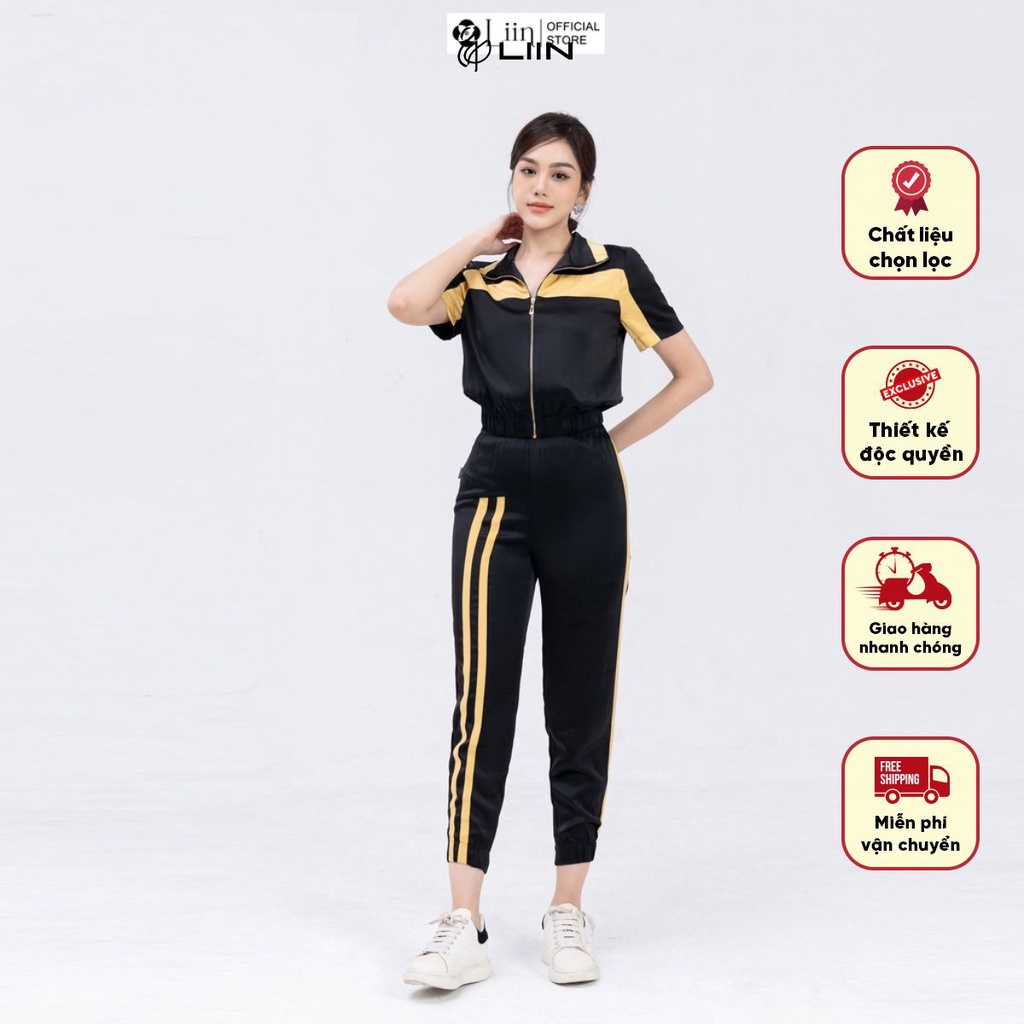 Set thể thao linbi cộc tay thiết kế kéo khóa đen phối vàng kiểu dáng năng động liin clothing ST0004