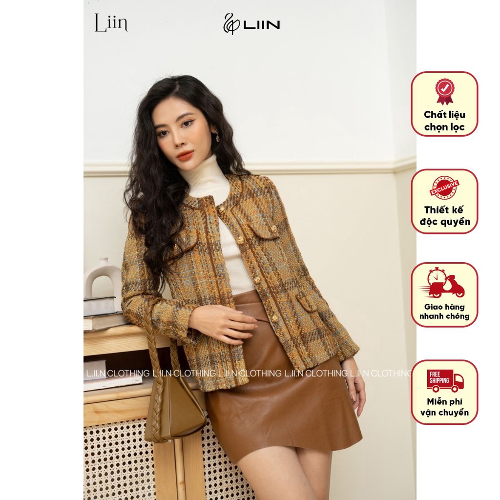 Áo khoác vest dạ tweed kẻ nâu Liin Clothing V5554