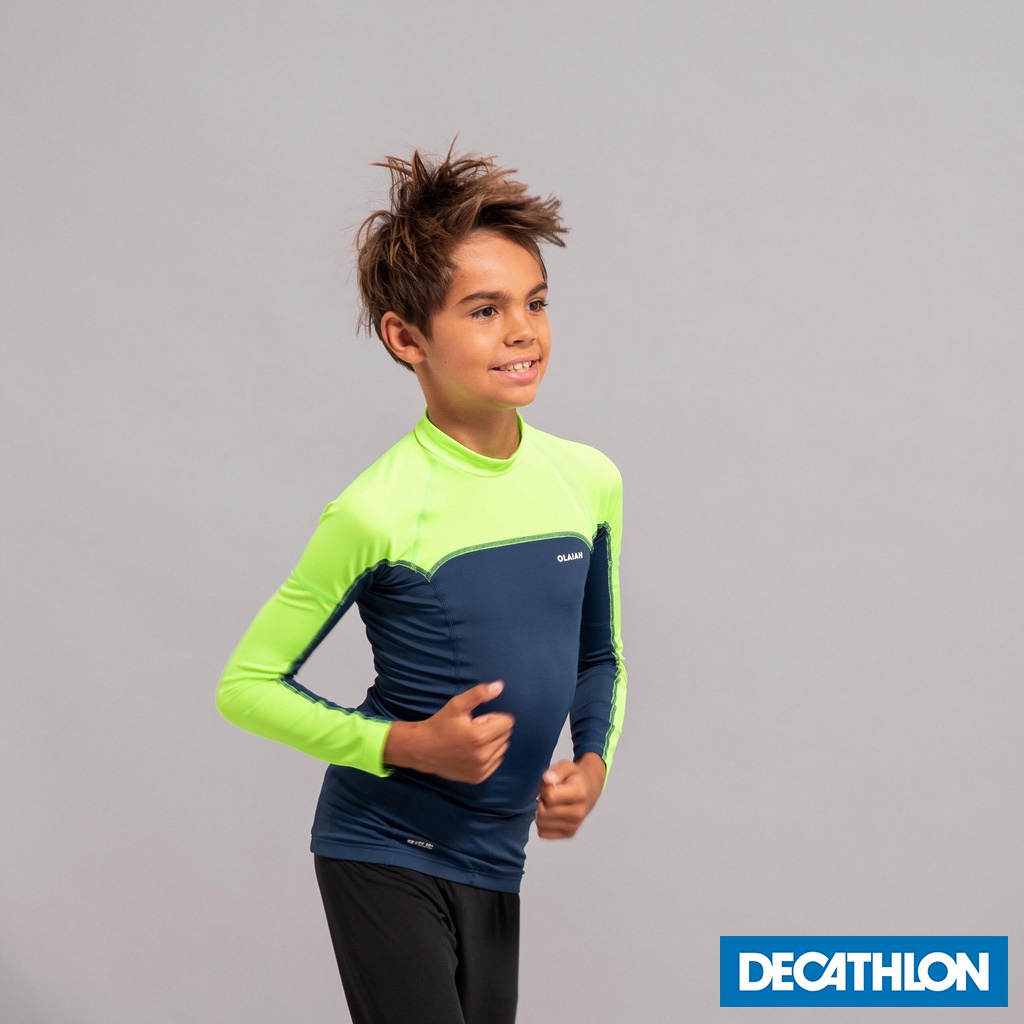 Áo thun dài tay lướt sóng cho bé trai chống tia UV 500 màu xanh dương/xanh lá cây DECATHLON OLAIAN
