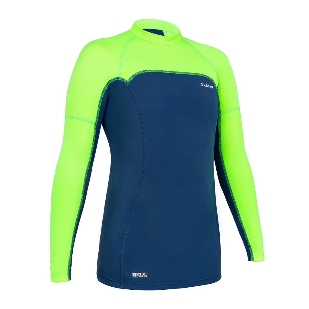 Áo thun dài tay lướt sóng cho bé trai chống tia UV 500 màu xanh dương/xanh lá cây DECATHLON OLAIAN