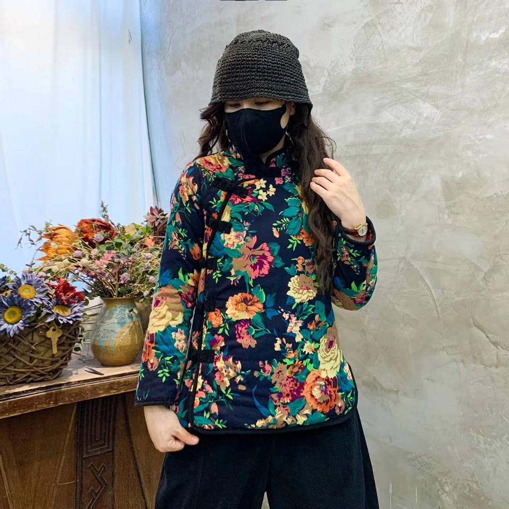 Fluencer tang Áo Khoác cotton Dày Dặn In Hoa Có Đệm Lót Kiểu Bắc Âu retro Thời Trang Thu Đông Cho Nữ